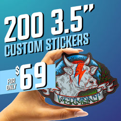 A hand holds a large die-cut sticker of a stylized cow illustrated with a red lightning-bolt marking over its face. The sticker includes a banner reading Vermont. Promotional text reads 200 3.5 inch custom stickers for only 69 dollars.