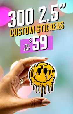 Promotional image advertising 300 2.5-inch custom stickers for $59. The large white and yellow text at the top reads 300 2.5
