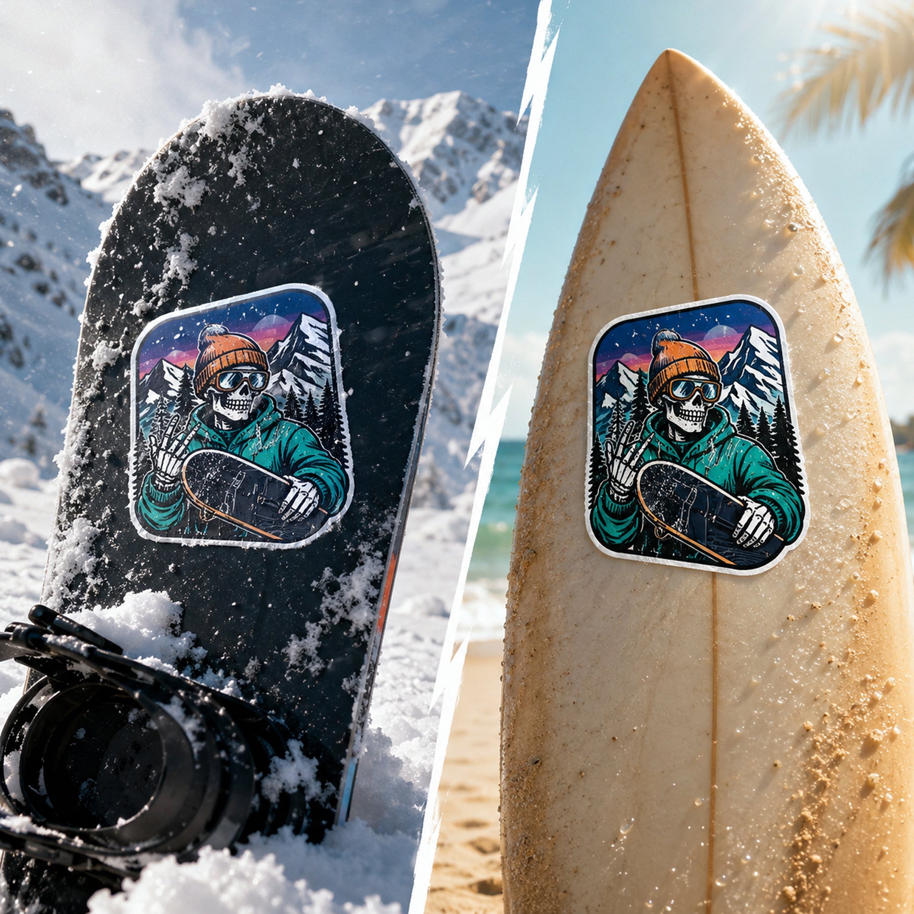 A square sticker featuring a cartoon skeleton wearing an orange beanie and green jacket, holding a skateboard in front of snowy mountains, shown on a snowboard in the snow on the left, and on a beige surfboard on a sandy beach on the right.