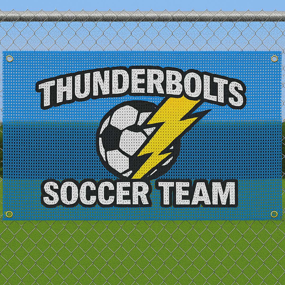 Mesh Banner Thunderbolts Soccer Team logo  with ball and lightning bolt on blue background with grommets at 4 corners attached to chain link fence next to pitch green glass blue sky
