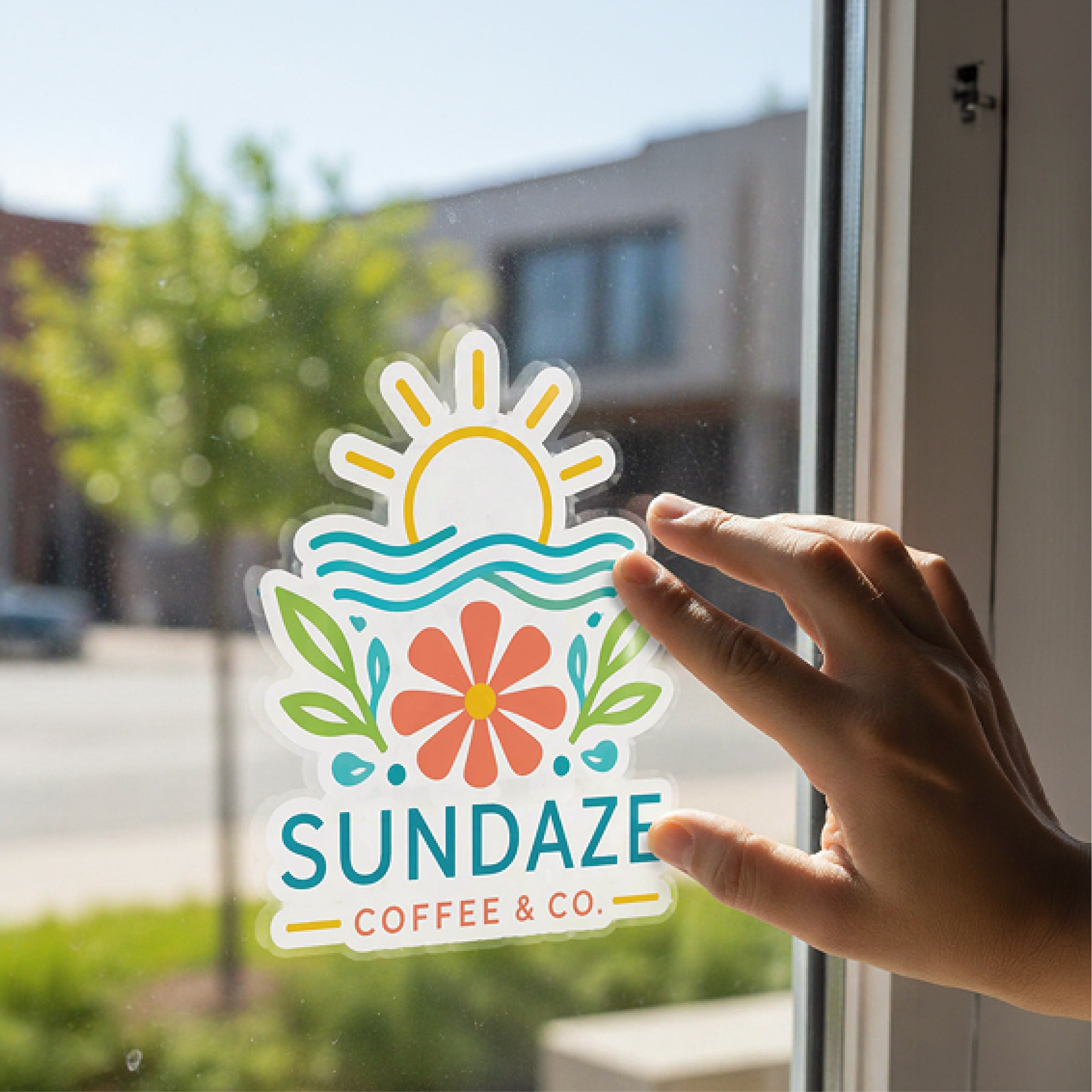 A hand applies a custom die-cut static window cling to a glass storefront window. The colorful design features a rising sun above blue waves, flowers, and green leaves with the business name "SUNDAZE COFFEE & CO." The repositionable static cling demonstrates full-color custom window graphics for cafés, retail storefronts, restaurants, offices, seasonal promotions, branding, and temporary indoor glass displays without adhesive.