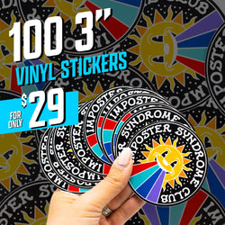 Promotional image advertising ‘100 3-inch vinyl stickers for only $29.’ A hand holds several identical round stickers with a black background, a smiling yellow sun, and rainbow-colored beams. The stickers have the text ‘Imposter Syndrome Club’ around the border. The background is filled with a repeating pattern of the same sticker design.