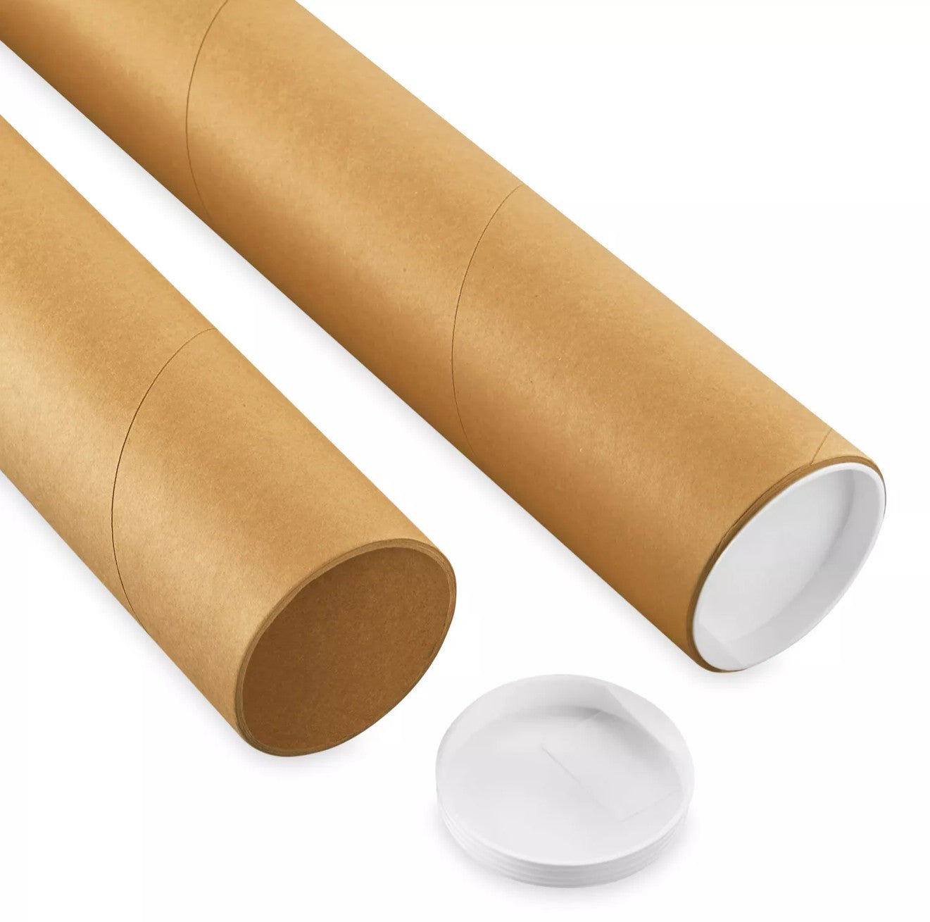 Two cardboard mailing tubes with a white end caps on a white background