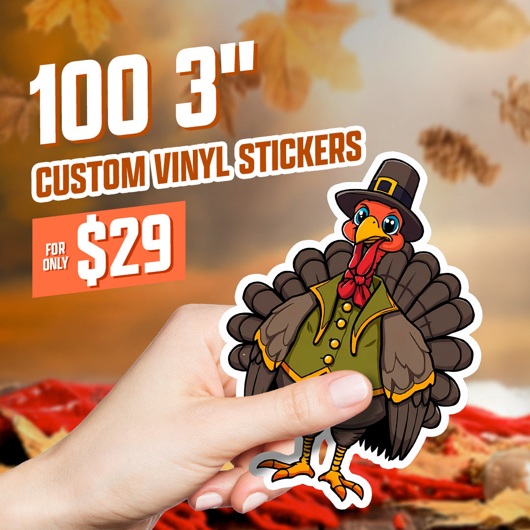 Turkey 100 3" Custom Vinyl Stickers in hand for $29 leaves orange brown green pilgrim red bow