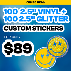 Promotional graphic for combo deal on vinyl and glitter custom stickers with price and product details.