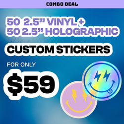 Promotional graphic for a combo deal featuring 50 2.5-inch vinyl stickers and 50 2.5-inch holographic stickers. Bold text highlights custom stickers for $59 on a blue gradient background. Two smiley face stickers with lightning bolt eyes are shown, one holographic with rainbow shine and one pastel vinyl, emphasizing the mixed finish bundle offer.
