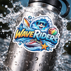 Colorful Wave Riders waterproof sticker applied to a stainless steel water bottle with water splashing around it. The sticker features a cartoon wave character wearing sunglasses, surfboards, and beach elements, demonstrating durability, adhesion, and resistance to water and outdoor conditions