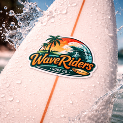 Colorful Wave Riders Surf Co waterproof sticker applied to a white surfboard with water splashing around it. The sticker features a tropical sunset, palm trees, and ocean wave design, demonstrating strong adhesion, vibrant print quality, and durability in wet outdoor and surf conditions