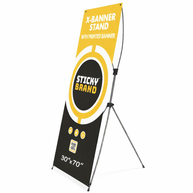  X-Banner Stand PDP Logo Image shows an X-Banner stand at 3/4 view angle with generic promotional banner attached.