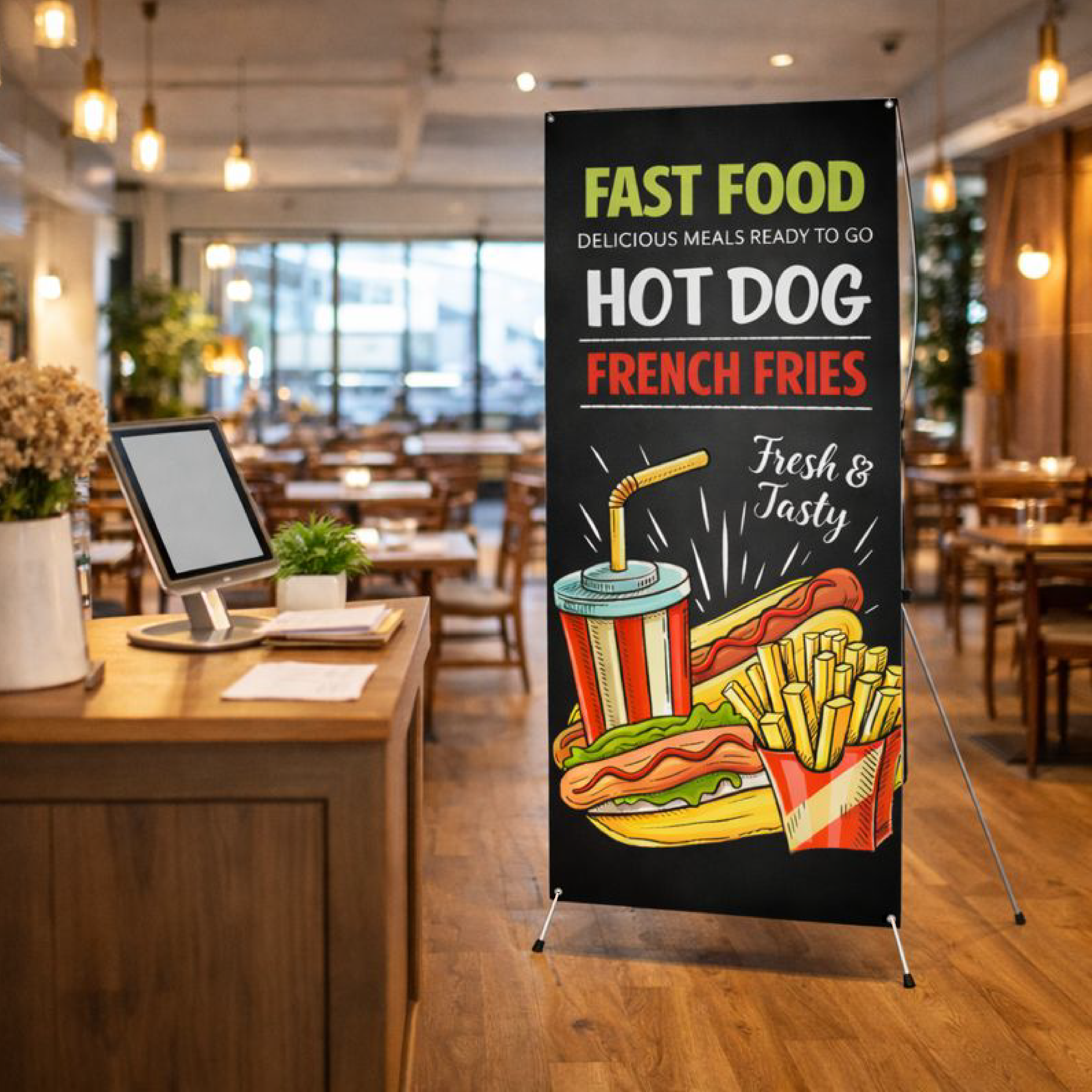 X-banner stand with a custom printed food banner displayed inside a restaurant dining area. The vertical banner features a black background with bold text reading Fast Food, Hot Dog, and French Fries, along with illustrated graphics of a hot dog, fries, and a drink labeled Fresh and Tasty. The banner is supported by a lightweight aluminum X-style stand with black feet, positioned near a host stand and dining tables.