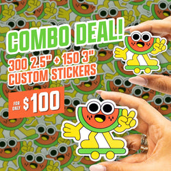 Promotional graphic with text reading Combo Deal, 300 2.5 inch plus 150 3 inch custom stickers, and 100 dollars. Hands hold bright die cut vinyl stickers of a cheerful cartoon watermelon character in yellow shoes riding a green skateboard. Background is filled with repeating watermelon character art. Vibrant, playful aesthetic for custom vinyl stickers, die cut decals, and waterproof sticker designs.