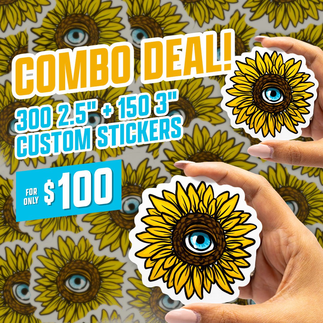 Combo Deal Custom 450 Vinyl Stickers for $100 Sunflower 3rd eye pine cone sticker with blue eye yellow brown blue white in hand with pink fingerails