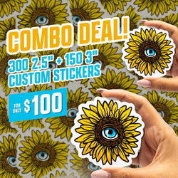 Two hands holding large sunflower stickers featuring a blue eye at the center, with repeated sunflower pattern in background. On-image text Combo Deal, 300 2.5 + 150 3 custom stickers, and 100. Keywords: sunflower eye sticker, psychedelic floral decal, boho vinyl stickers.