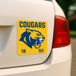 Cougers sports team magnet blue white graphic on yellow background placed on white car for fan promotion. Text reads. Cougars. 1882