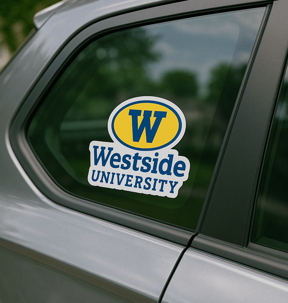 Static cling on car window university adhesive free sticker yellow blue white silver car W Westside University graphic