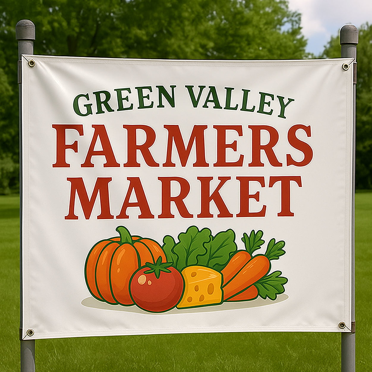 Banner for Green Valley Farmers Market with illustrations of vegetables on a grassy background. Banner is attached to two metal poles