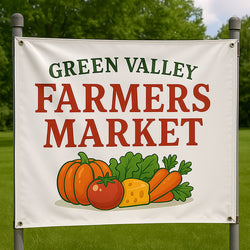 Banner for Green Valley Farmers Market with illustrations of vegetables on a grassy background. Banner is attached to two metal poles