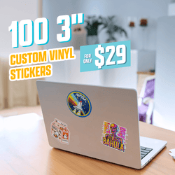 Promotional graphic showing a silver laptop on a wooden table with three custom vinyl stickers on the back: a NASA space shuttle patch-style sticker, a cartoon milk carton sticker, and a colorful holographic skeleton sticker that says Bahula. The text overlay reads 100 3-inch custom vinyl stickers and a price section saying for only $29 in bold white and turquoise lettering. The background shows a softly blurred home or office setting with furniture and plants.