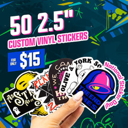 Promotional image advertising ‘50 2.5-inch custom vinyl stickers for only $15.’ A hand holds several assorted stickers, including designs with text such as ‘As Strange As It,’ ‘Planet Z,’ ‘We Can Do It,’ ‘Olive & York,’ and ‘The End Times’ featuring a stylized pink and blue bell. The background features a dark blue abstract pattern with bright green, yellow, and blue graphic elements