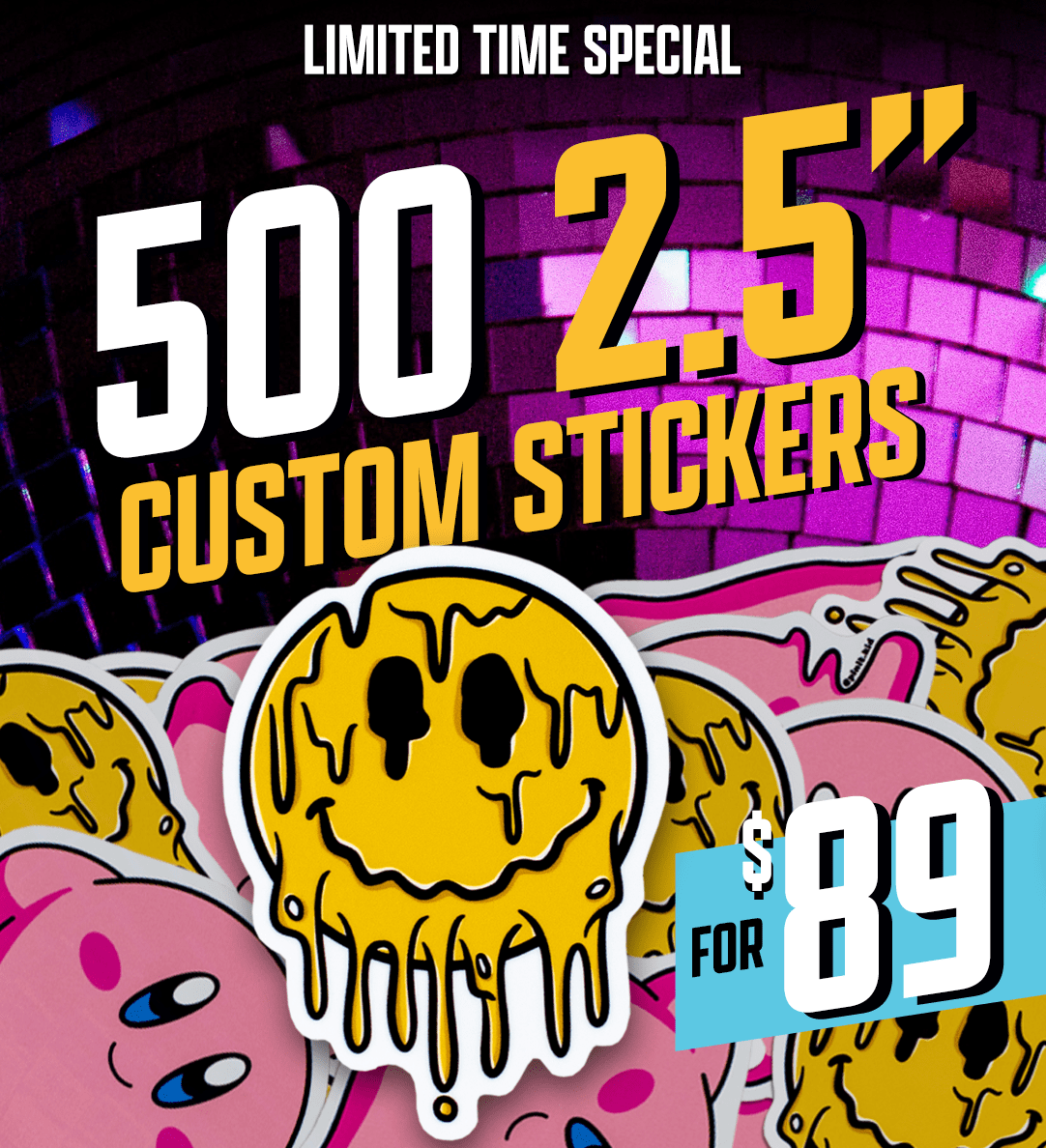 500 Custom Stickers 2.5" Smily Face Earth Disco $89