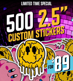 Promotional image with the headline ‘Limited Time Special.’ Large text reads ‘500 2.5-inch custom stickers for $89.’ The foreground shows a stack of yellow melting-smiley-face stickers with dripping edges. Behind them are pink cartoon character stickers partially visible. The background features a purple and pink mirrored disco-ball pattern