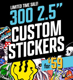 Promotional image advertising ‘300 2.5-inch custom stickers for $59’ with the header ‘Limited Time Sale!’ Large white and blue text appears on a black background. Surrounding the text are assorted sticker designs, including a yellow melting smiley face, a skeleton with sunglasses, a mushroom character, a multicolored landscape, an octopus illustration, and various cartoon and graphic styles