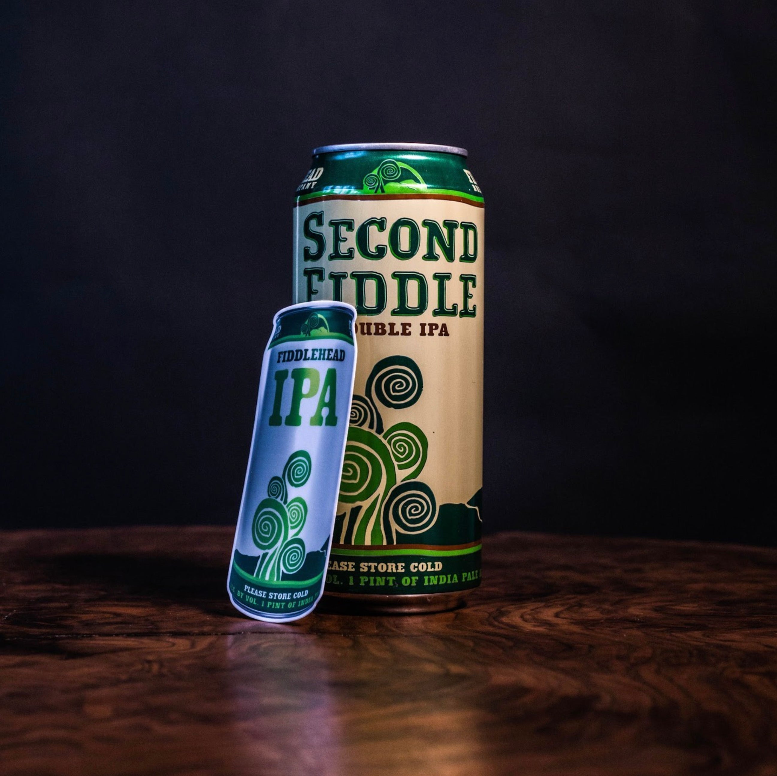 Fiddlehead IPA brewery sticker next to a can of Second Fiddle Double IPA