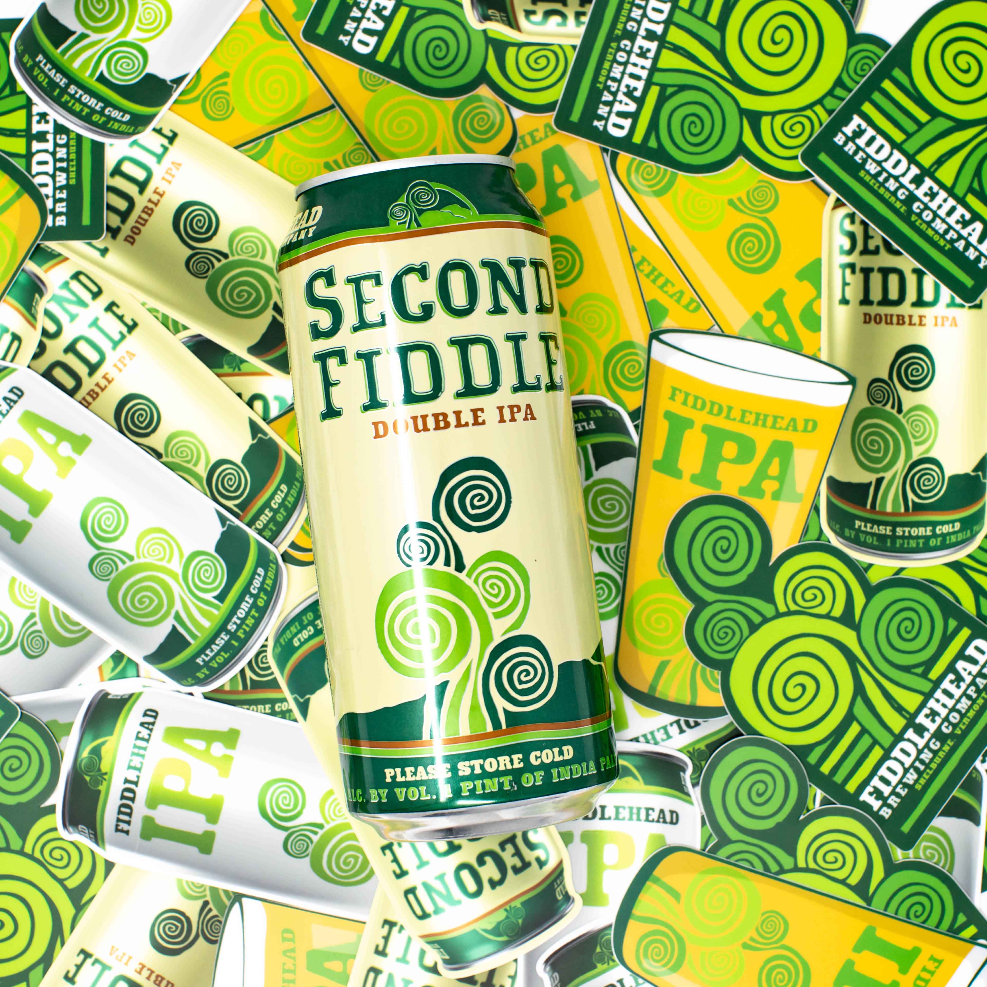 Collage of Second Fiddle Double IPA brewery stickers