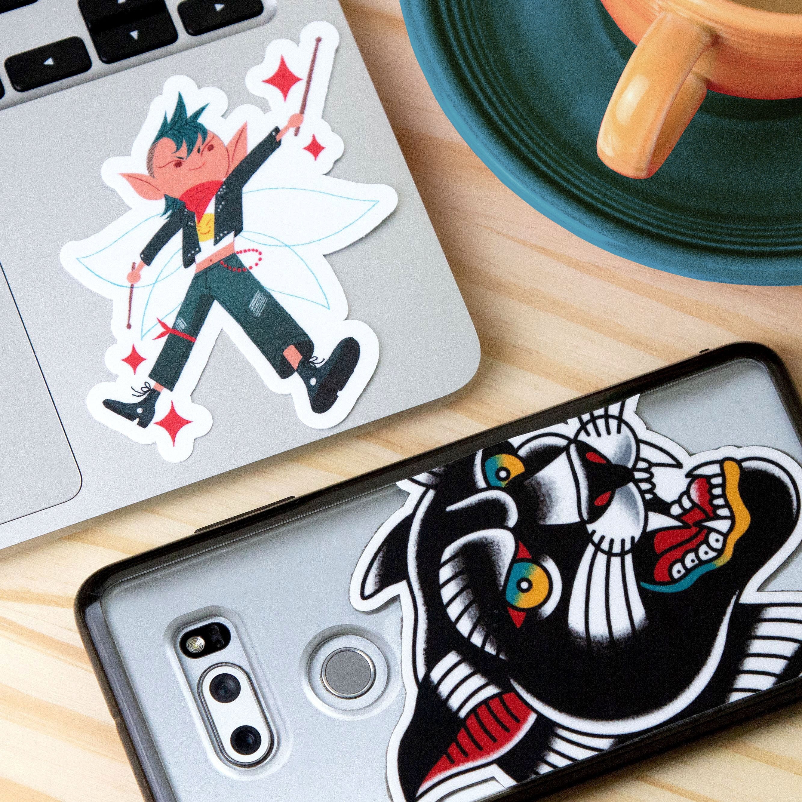 Jazzy Joules and Panther vinyl stickers for laptops and cellphones