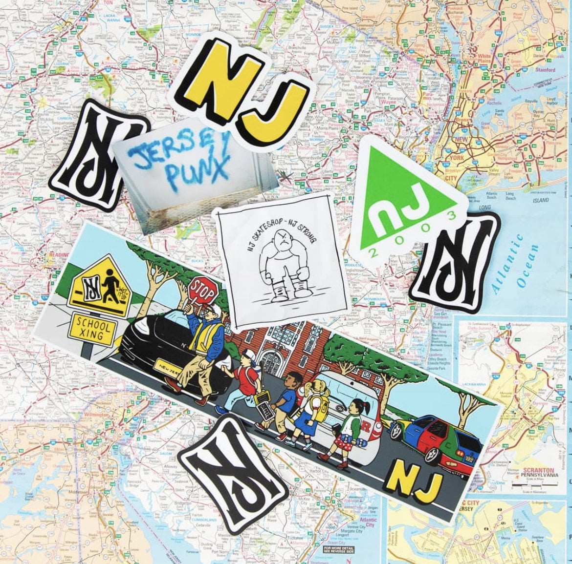 Mutliple skate sticker decals on a map