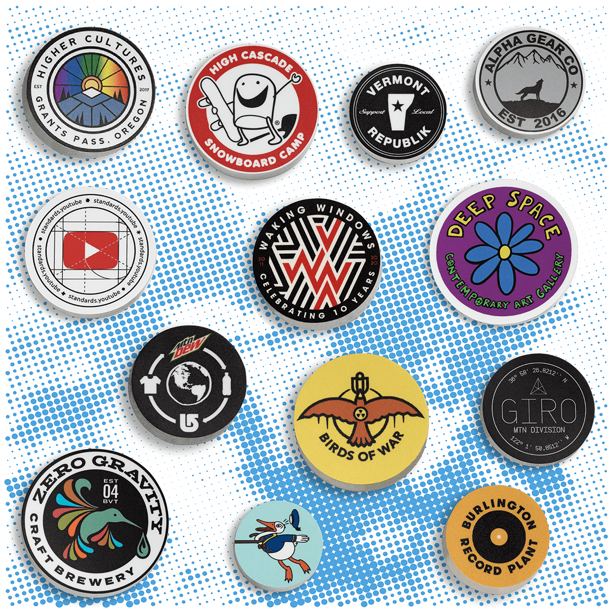 Assortment of various custom circle stickers