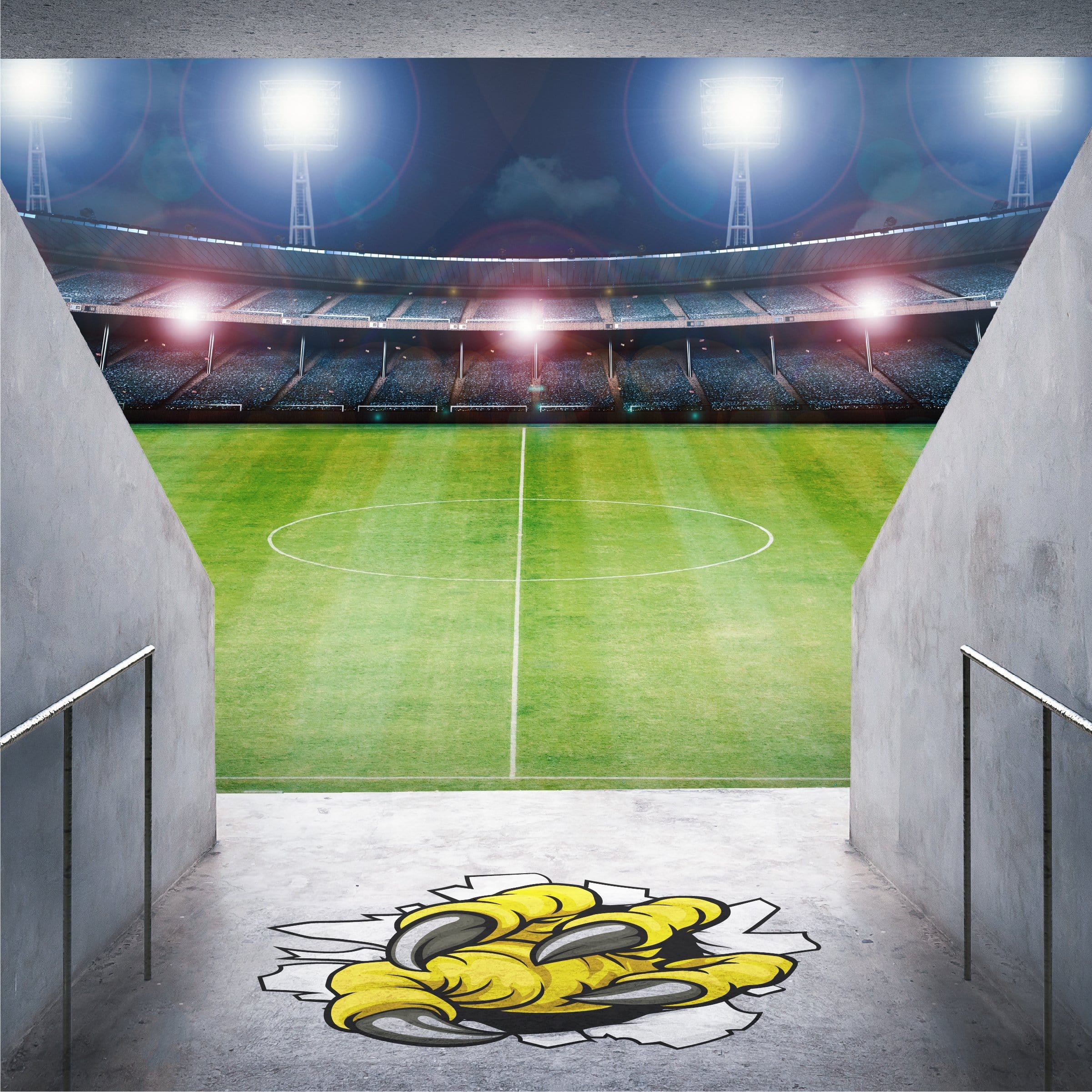 Custom shape large Sidewalk decal sticker of four talon yellow claw in stadium entryway to stands for sporting event.